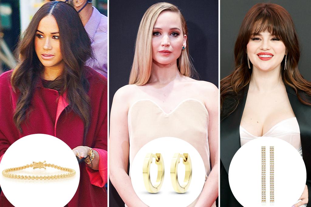 Meghan Markle, Jennifer Lawrence and Selena Gomez with insets of jewelry