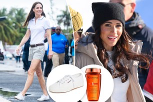 Kate Middleton and Meghan Markle with insets of sneakers and shampoo