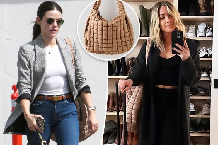 Lucy Hale and Kristin Cavallari carrying FP Movement bags, with an inset of that bag in beige