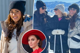 Meghan Markle split with her skiing with friends with an inset of Kate Middleton.