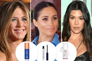Jennifer Aniston, Meghan Markle and Kourtney Kardashian with insets of moisturizer, lash serum and sunscreen