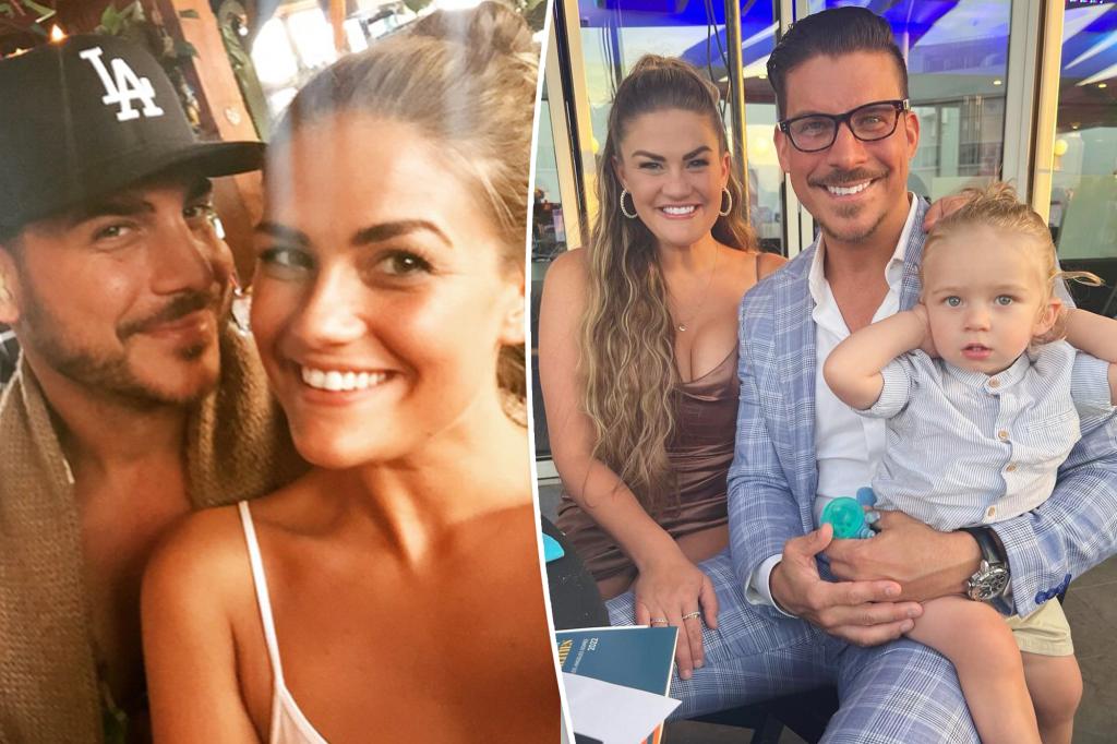 A split photo of a selfie of Jax Taylor and Brittany Cartwright and Jax Taylor and Brittany Cartwright holding son Cruz
