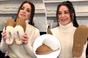 Kyle Richards holding shearling slippers with an inset of the slipper