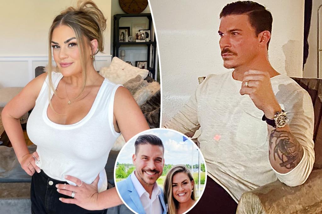 A split photo of Brittany Cartwright posing and Jax Taylor talking and a small photo of Jax Taylor and Brittany Cartwright posing together