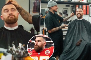 Travis Kelce getting a haircut and beard trim