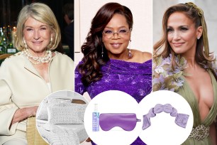 A three-split image of Martha Stewart, Oprah, and Jennifer Lopez with insets of sleep products