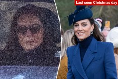 A split photo of Kate Middleton in a car and Kate Middleton walking on Christmas