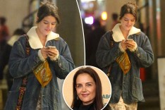 Two split photos of Suri Cruise walking and a small photo of Katie Holmes smiling