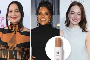Lily Gladstone, Audra McDonald and Emma Stone with an Inset of an Ilia Instant Rewind Stick