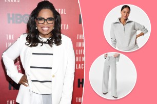 Oprah with insets of two Spanx loungewear styles in heather gray