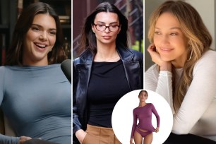 Kendall Kenner, Emily Ratajkowski and Jennifer Lopez with an inset of a model in a long sleeve shirt
