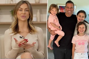 A split photo of Lala Kent sitting and Randall Emmett posing with his three kids
