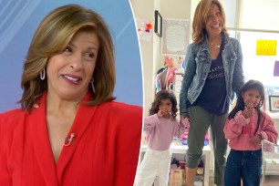 A split photo of Hoda Kotb on "Today" and Hoda Kotb posing with her two daughters