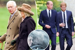 King Charles and Prince William and Prince Harry with an inset of Harry to see Charles.
