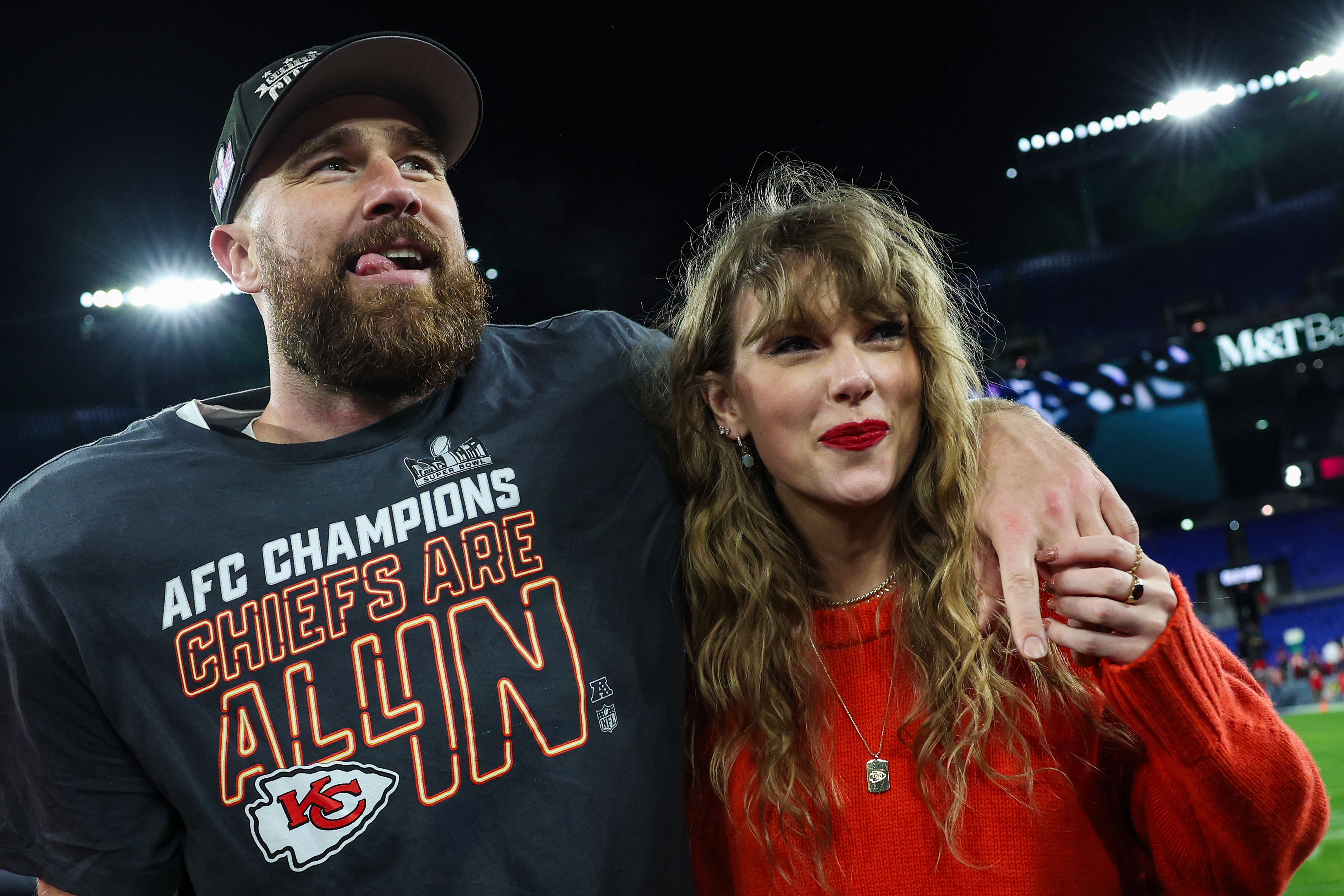 Travis Kelce and Taylor Swift after his AFC Championship Game.