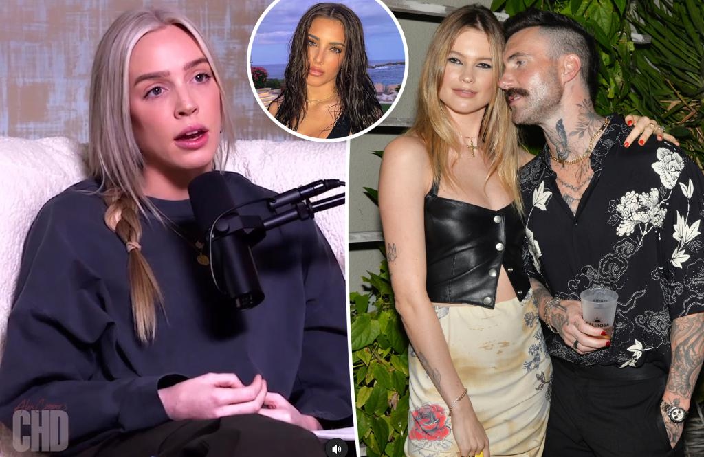 A split photo of Alex Cooper talking on "Call Her Daddy" and a photo of Behati Prinsloo and Adam Levine posing together and an inset of Sumner Stroh posing for a pic.