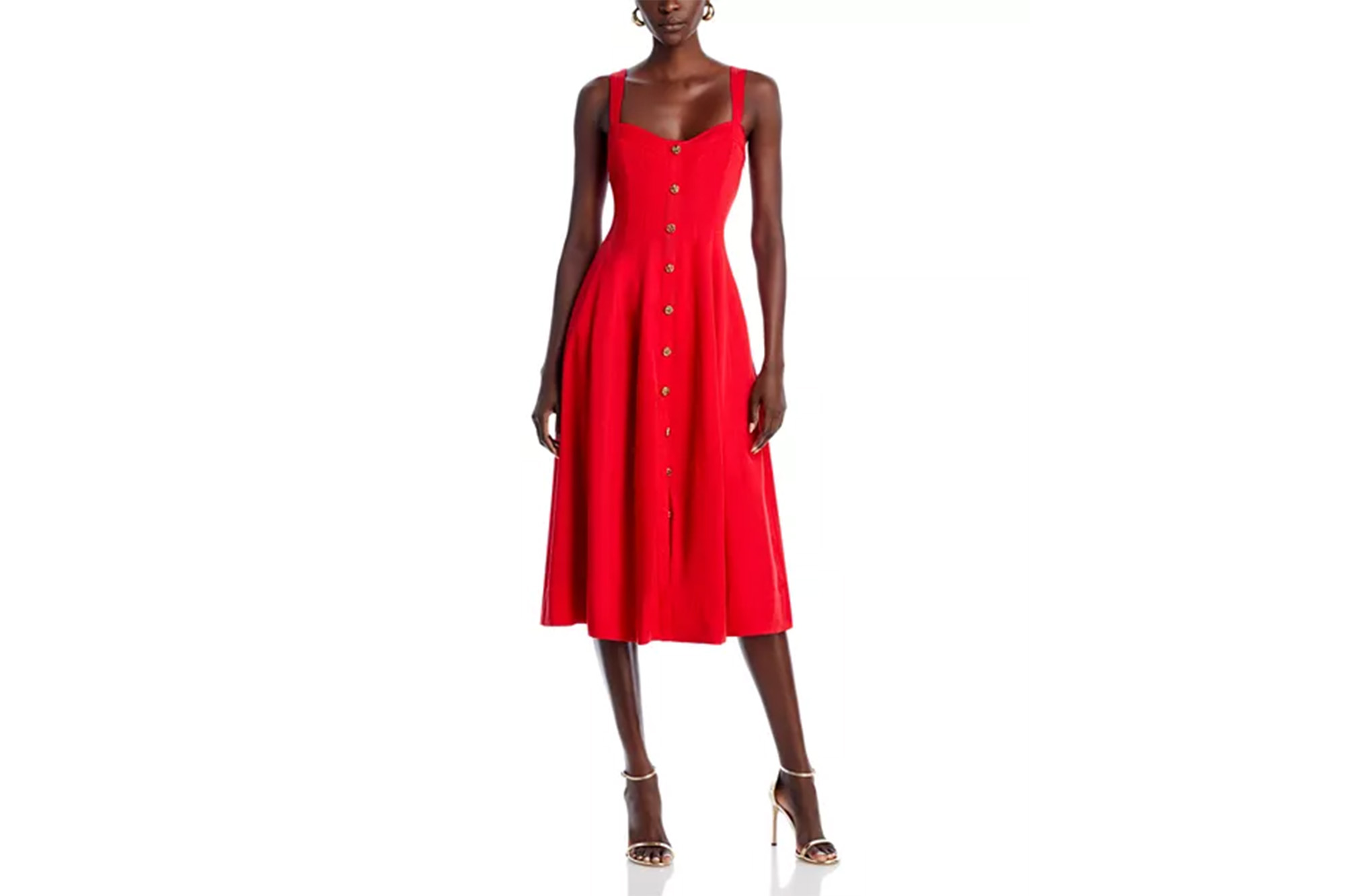 A model in a red dress